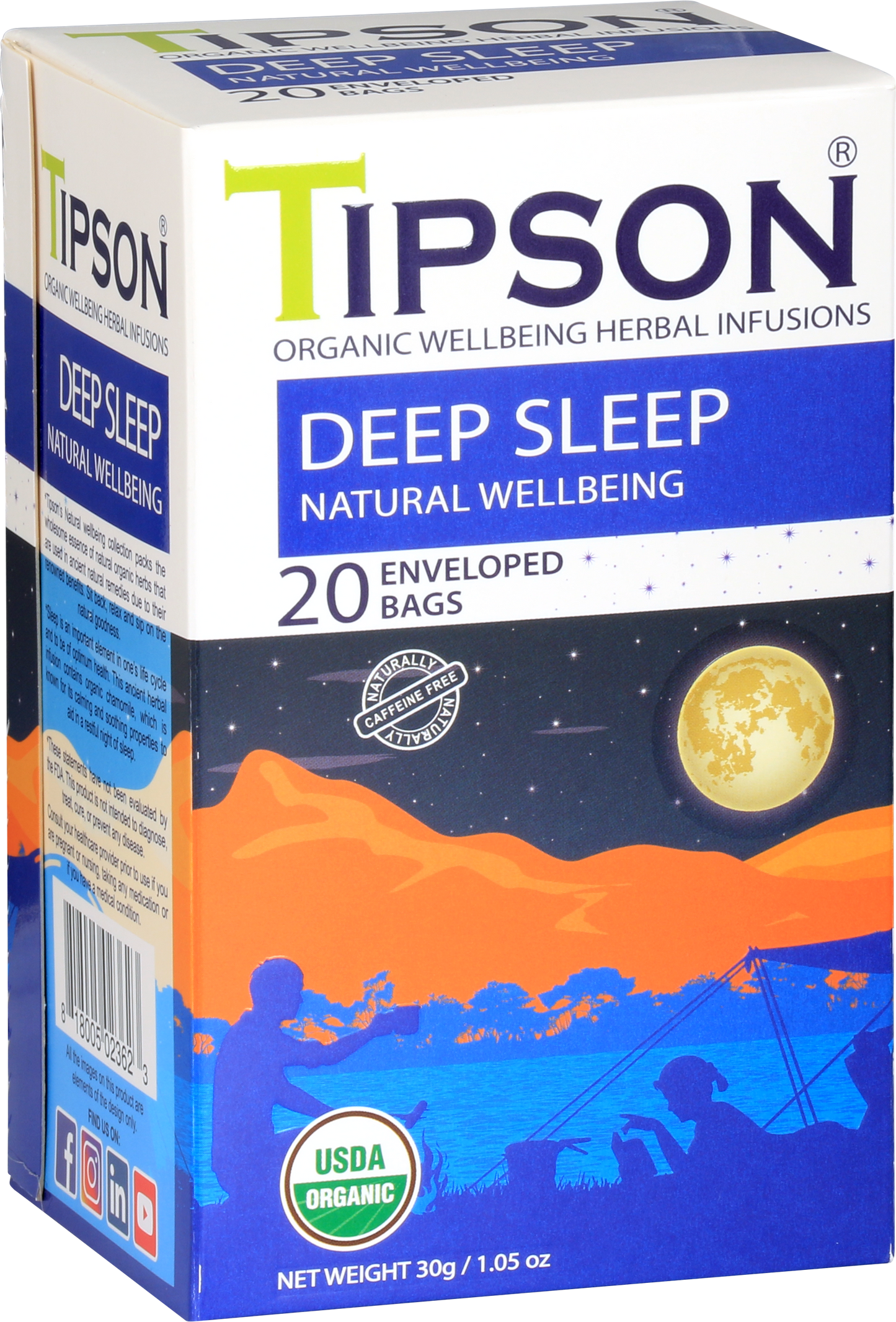 Boczny widok opakowania herbaty Tipson Deep Sleep Natural Wellbeing z opisem i składem produktu.