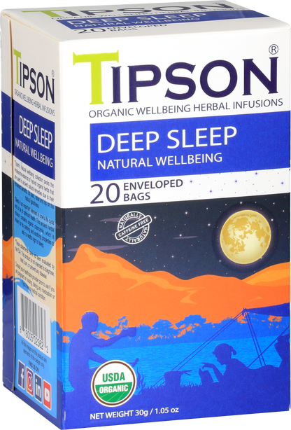 Boczny widok opakowania herbaty Tipson Deep Sleep Natural Wellbeing z opisem i składem produktu.