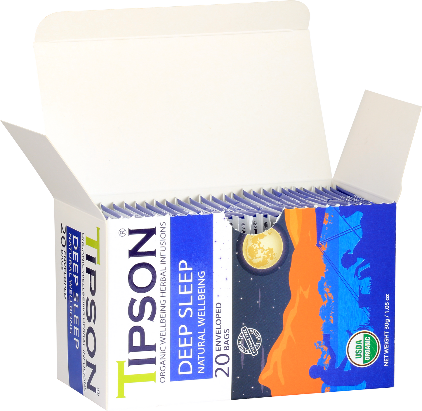 Otwarte pudełko herbaty Tipson Deep Sleep Natural Wellbeing z widocznymi saszetkami.