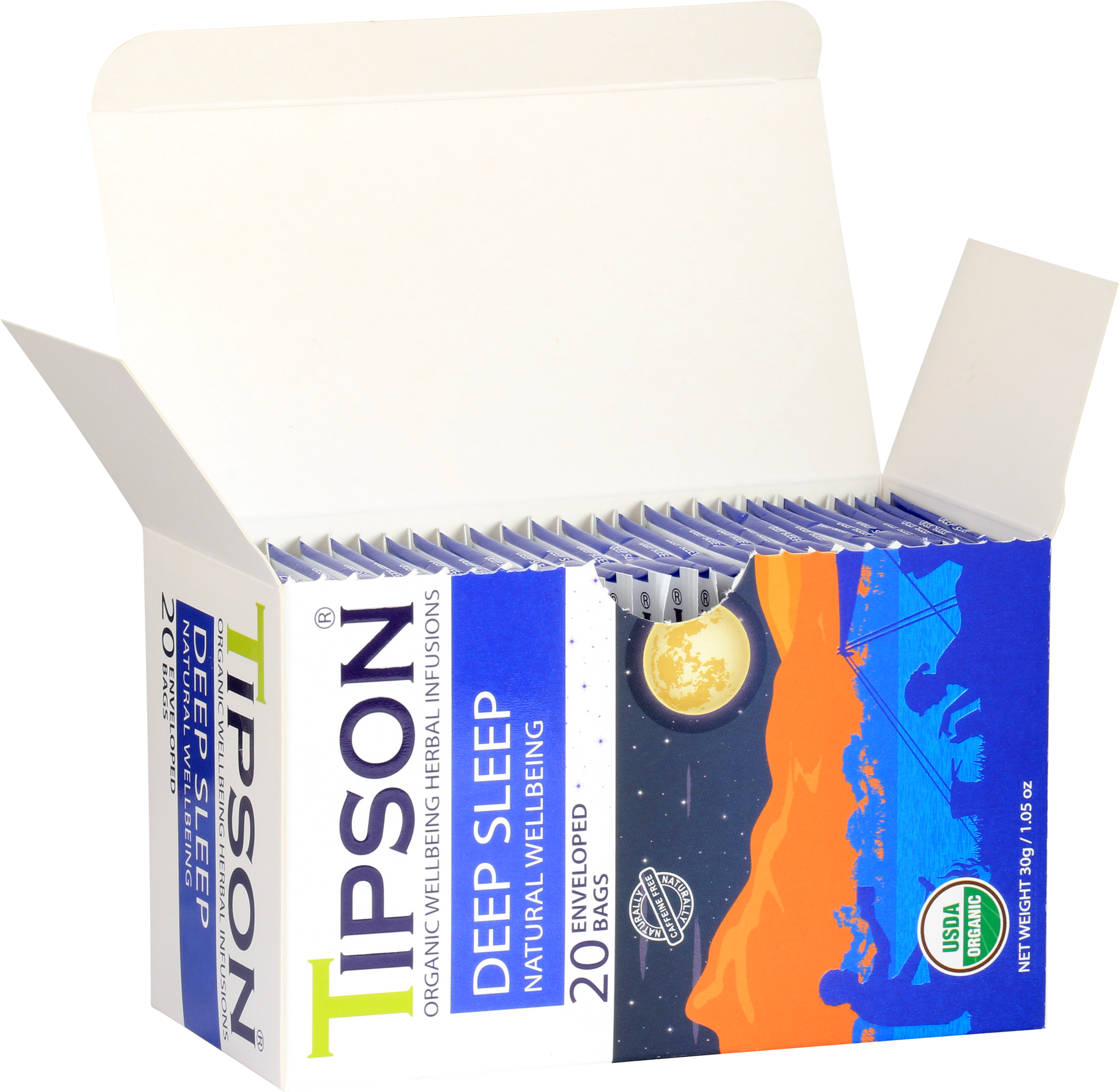 Otwarte pudełko herbaty Tipson Deep Sleep Natural Wellbeing z widocznymi saszetkami.