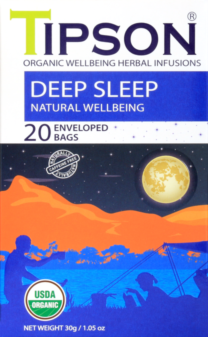 Zbliżenie frontu pudełka herbaty Tipson Deep Sleep Natural Wellbeing z księżycem i certyfikatem USDA Organic.