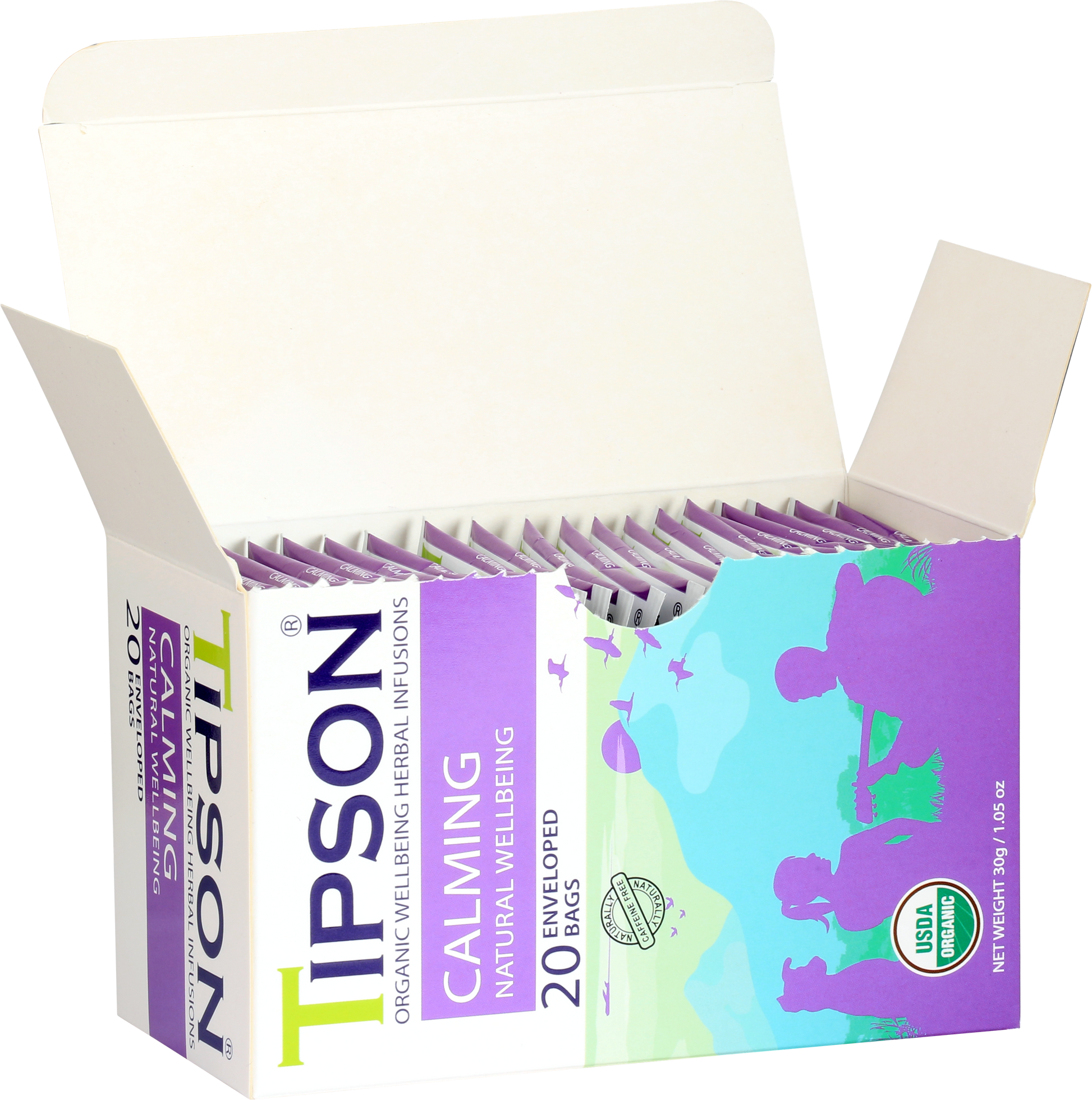 Otwarte pudełko herbaty Tipson Calming Natural Wellbeing z widocznymi saszetkami.
