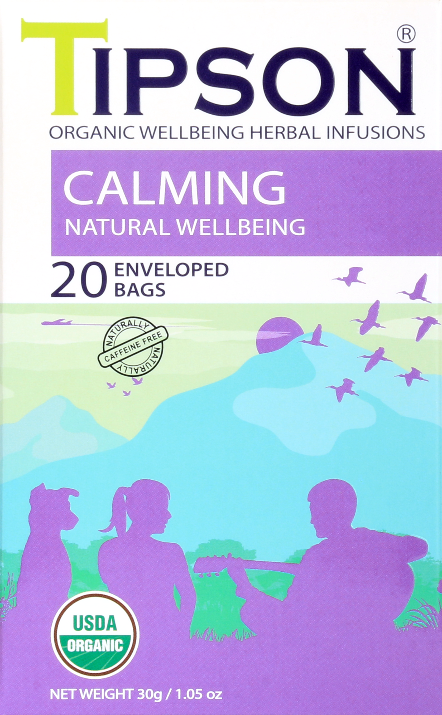 Przód opakowania herbaty Tipson Calming Natural Wellbeing z grafiką relaksujących postaci i ptaków.