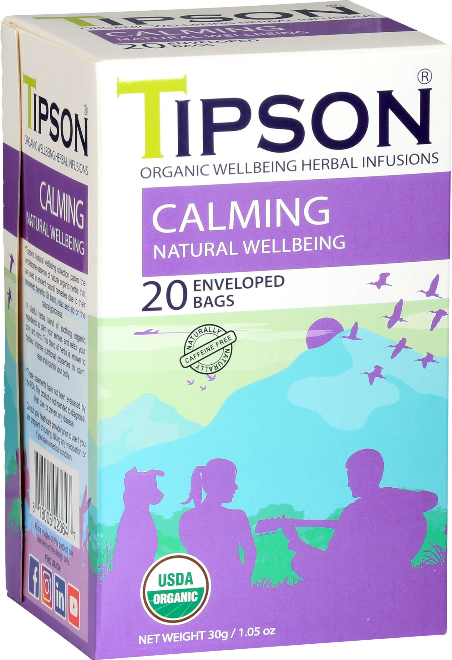 Boczny widok pudełka herbaty Tipson Calming Natural Wellbeing z certyfikatem USDA Organic.