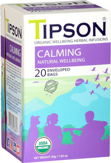 Boczny widok pudełka herbaty Tipson Calming Natural Wellbeing z certyfikatem USDA Organic.