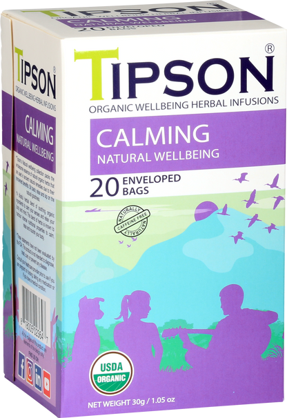 Boczny widok pudełka herbaty Tipson Calming Natural Wellbeing z certyfikatem USDA Organic.