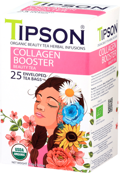 Opakowanie herbaty Tipson Collagen Booster Beauty Tea dla zdrowej i promiennej skóry.