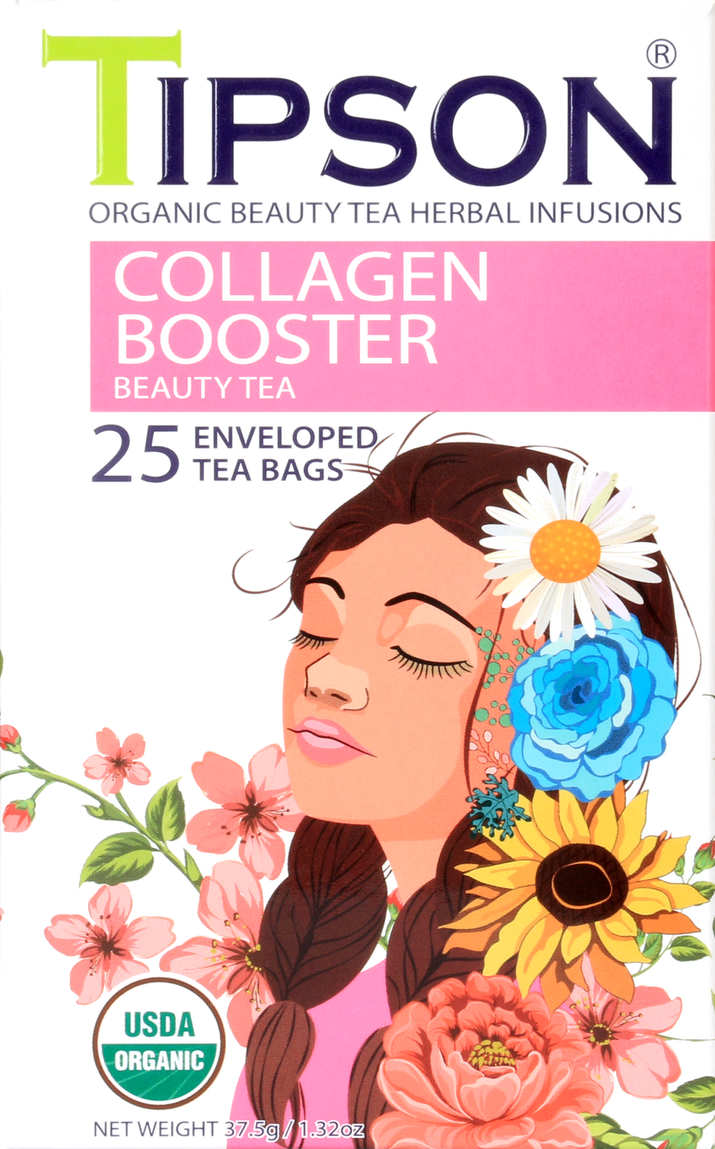 Herbata ziołowa Tipson Collagen Booster Beauty Tea wspierająca naturalną produkcję kolagenu.
