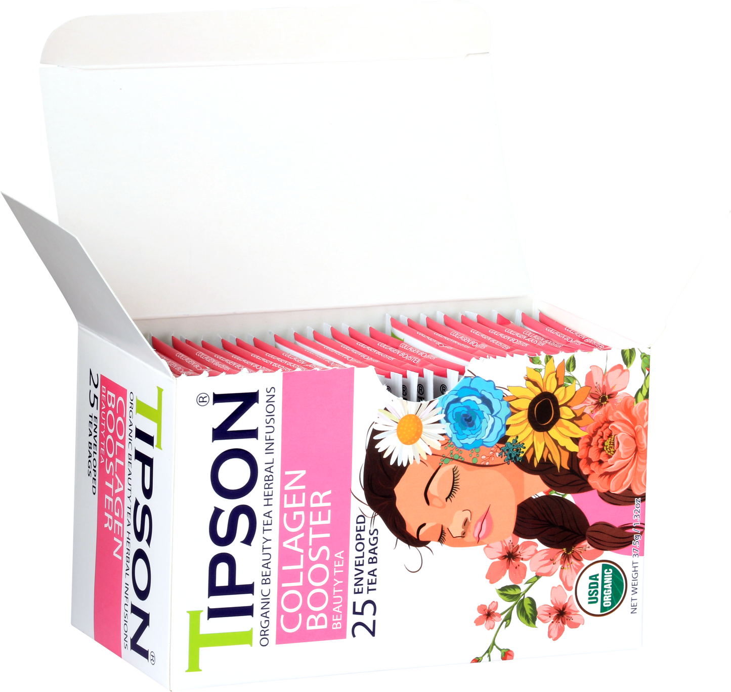 Otwarte pudełko z saszetkami herbaty Tipson Collagen Booster dla urody i regeneracji skóry.