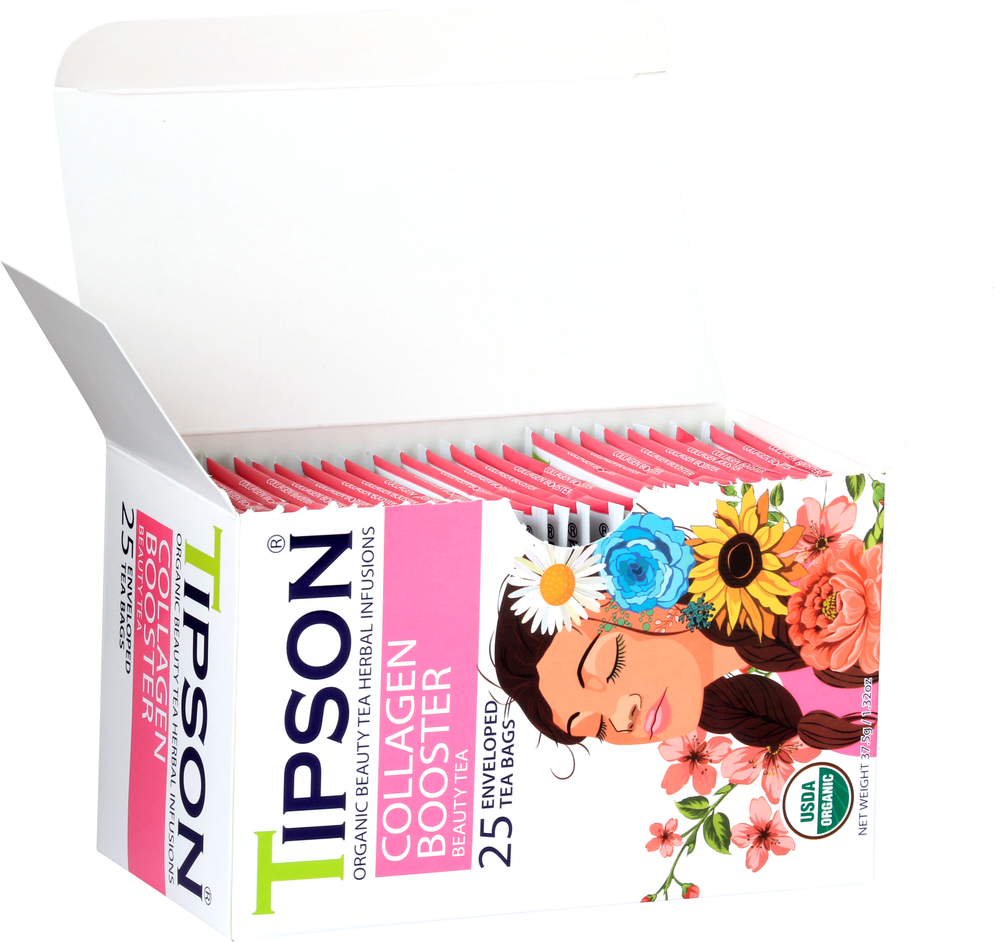Otwarte pudełko z saszetkami herbaty Tipson Collagen Booster dla urody i regeneracji skóry.