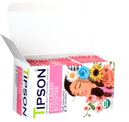 Otwarte pudełko z saszetkami herbaty Tipson Collagen Booster dla urody i regeneracji skóry.