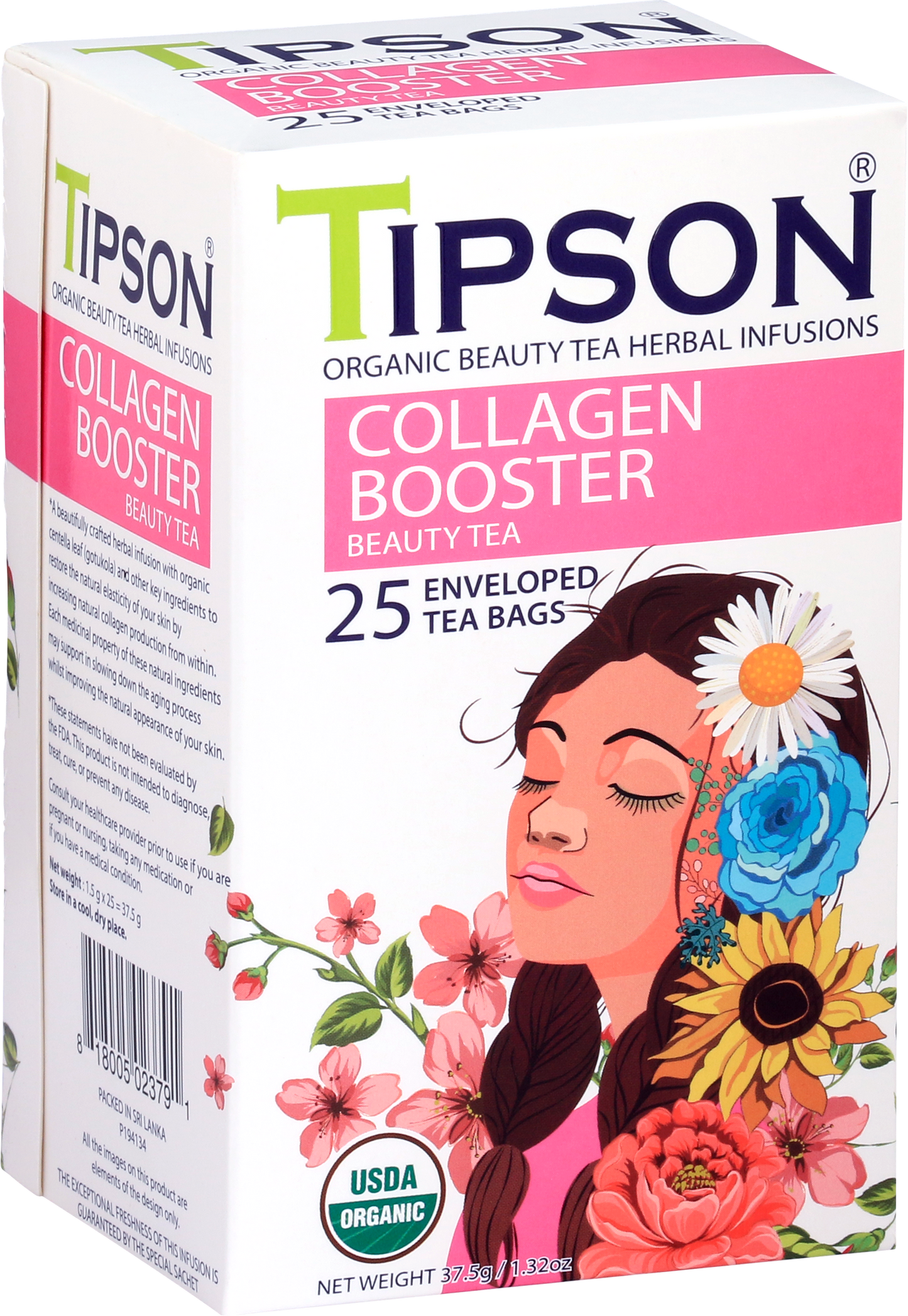 Bok opakowania herbaty Tipson Collagen Booster z grafiką kobiety i kwiatami.