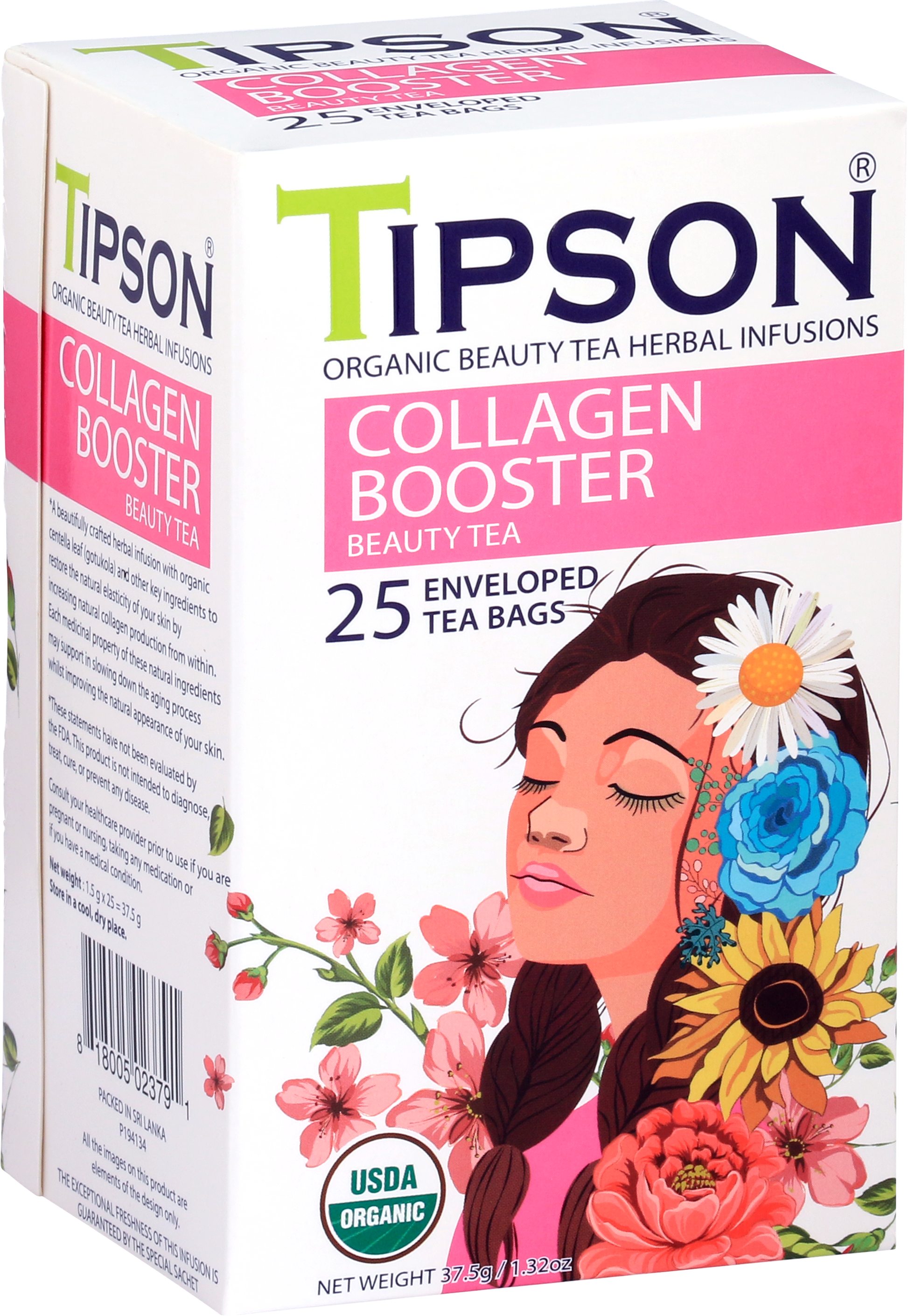 Bok opakowania herbaty Tipson Collagen Booster z grafiką kobiety i kwiatami.