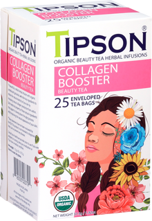Bok opakowania herbaty Tipson Collagen Booster z grafiką kobiety i kwiatami.