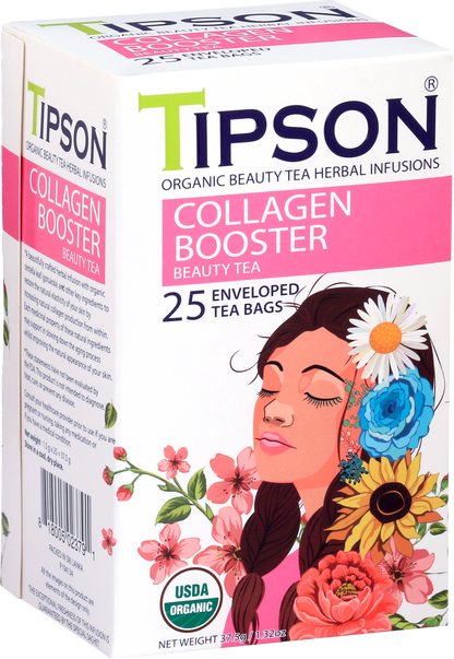Bok opakowania herbaty Tipson Collagen Booster z grafiką kobiety i kwiatami.
