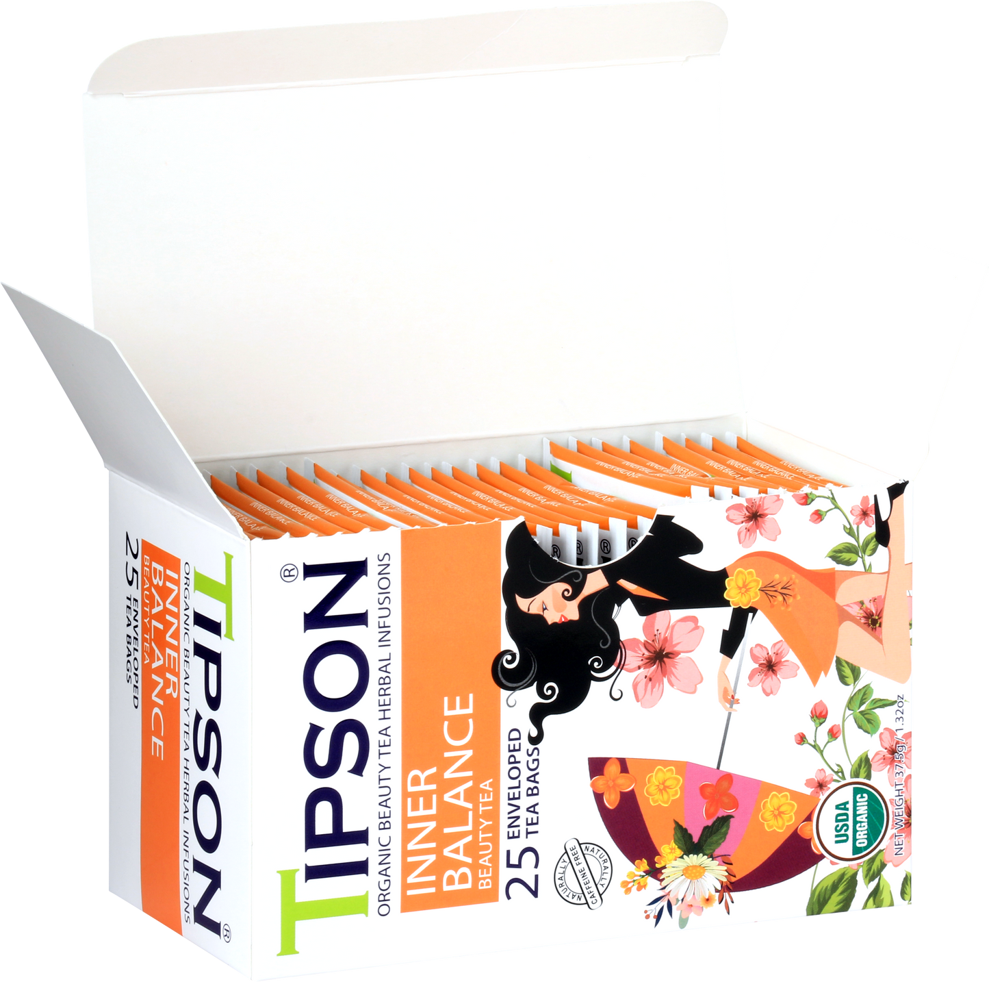 Otwarte pudełko herbaty Tipson Inner Balance Beauty Tea z widocznymi saszetkami.