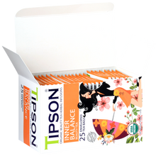 Otwarte pudełko herbaty Tipson Inner Balance Beauty Tea z widocznymi saszetkami.
