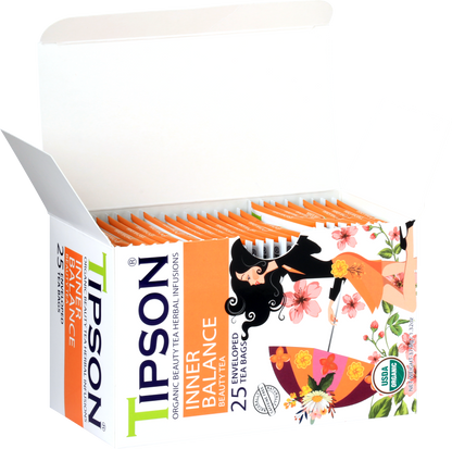 Otwarte pudełko herbaty Tipson Inner Balance Beauty Tea z widocznymi saszetkami.