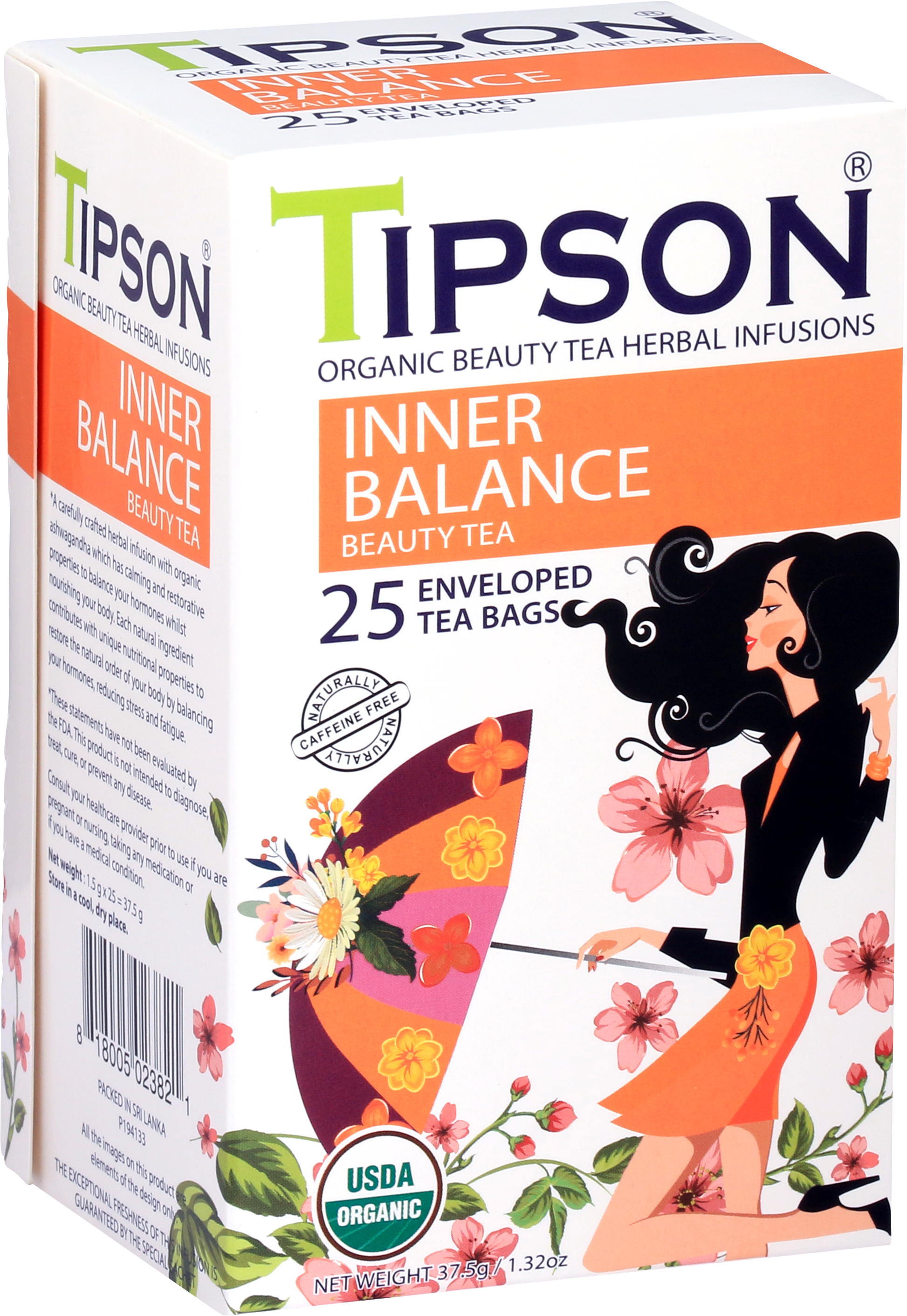 Przód opakowania herbaty Tipson Inner Balance Beauty Tea z napisem organic beauty tea herbal infusions.