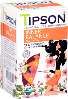 Przód opakowania herbaty Tipson Inner Balance Beauty Tea z napisem organic beauty tea herbal infusions.