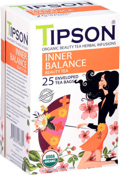 Przód opakowania herbaty Tipson Inner Balance Beauty Tea z napisem organic beauty tea herbal infusions.