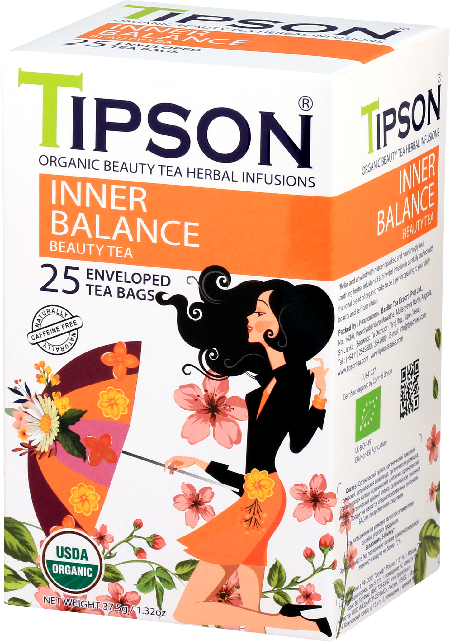 Boczny widok opakowania herbaty Tipson Inner Balance Beauty Tea z ilustracją kobiety i kwiatów.