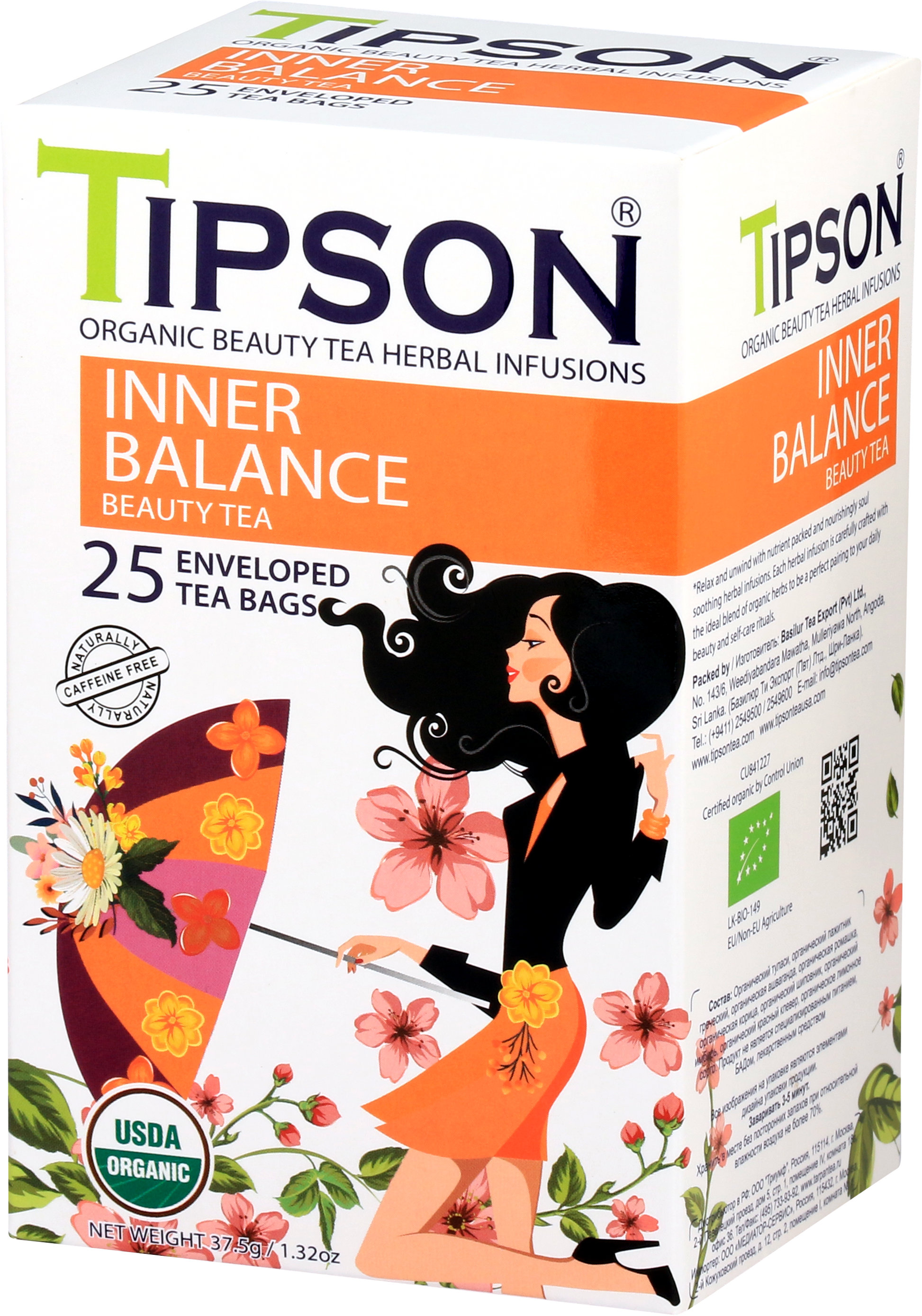 Boczny widok opakowania herbaty Tipson Inner Balance Beauty Tea z ilustracją kobiety i kwiatów.