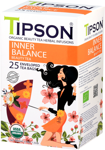 Boczny widok opakowania herbaty Tipson Inner Balance Beauty Tea z ilustracją kobiety i kwiatów.