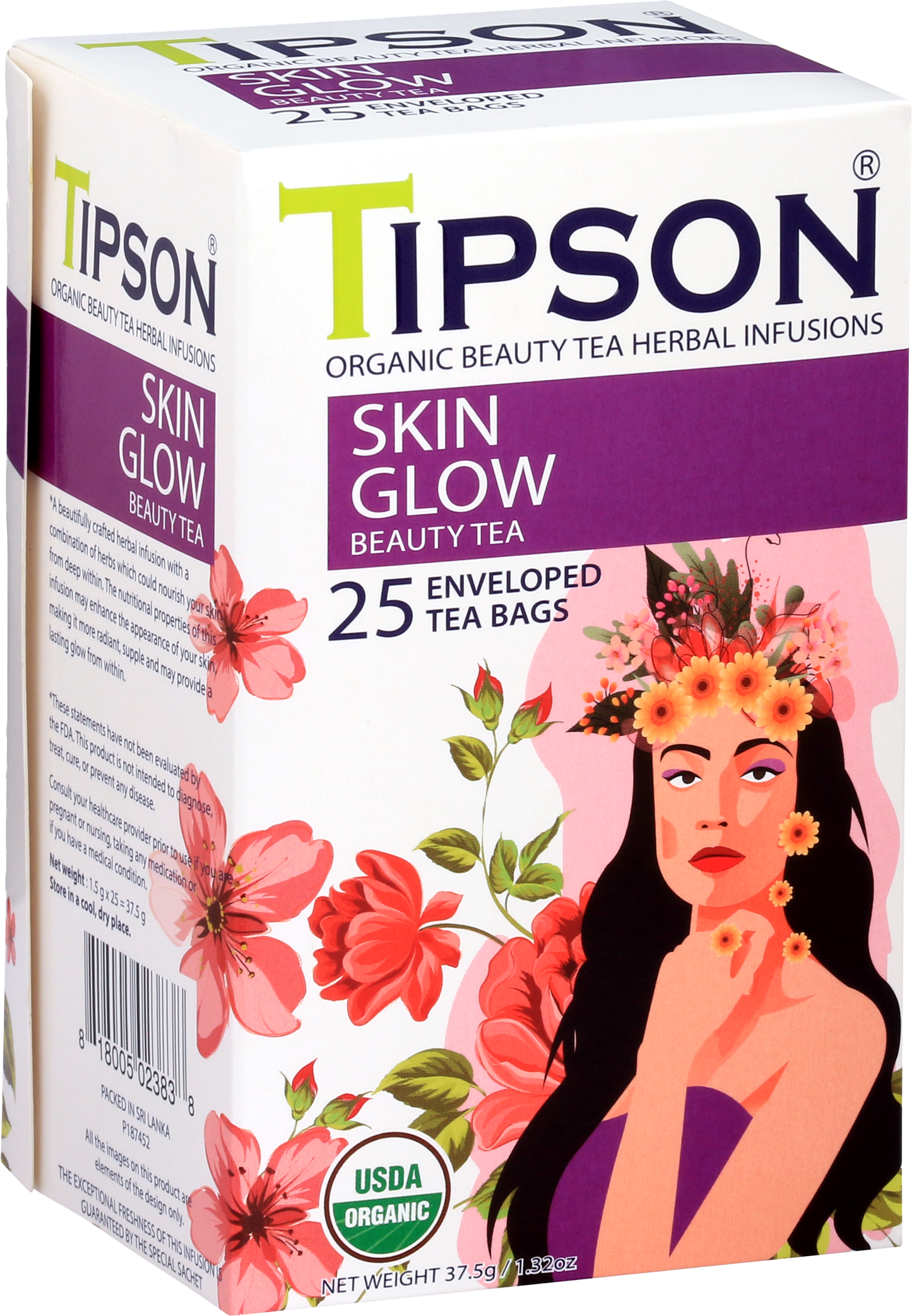 Przód pudełka herbaty Tipson Skin Glow Beauty Tea z certyfikatem USDA Organic.
