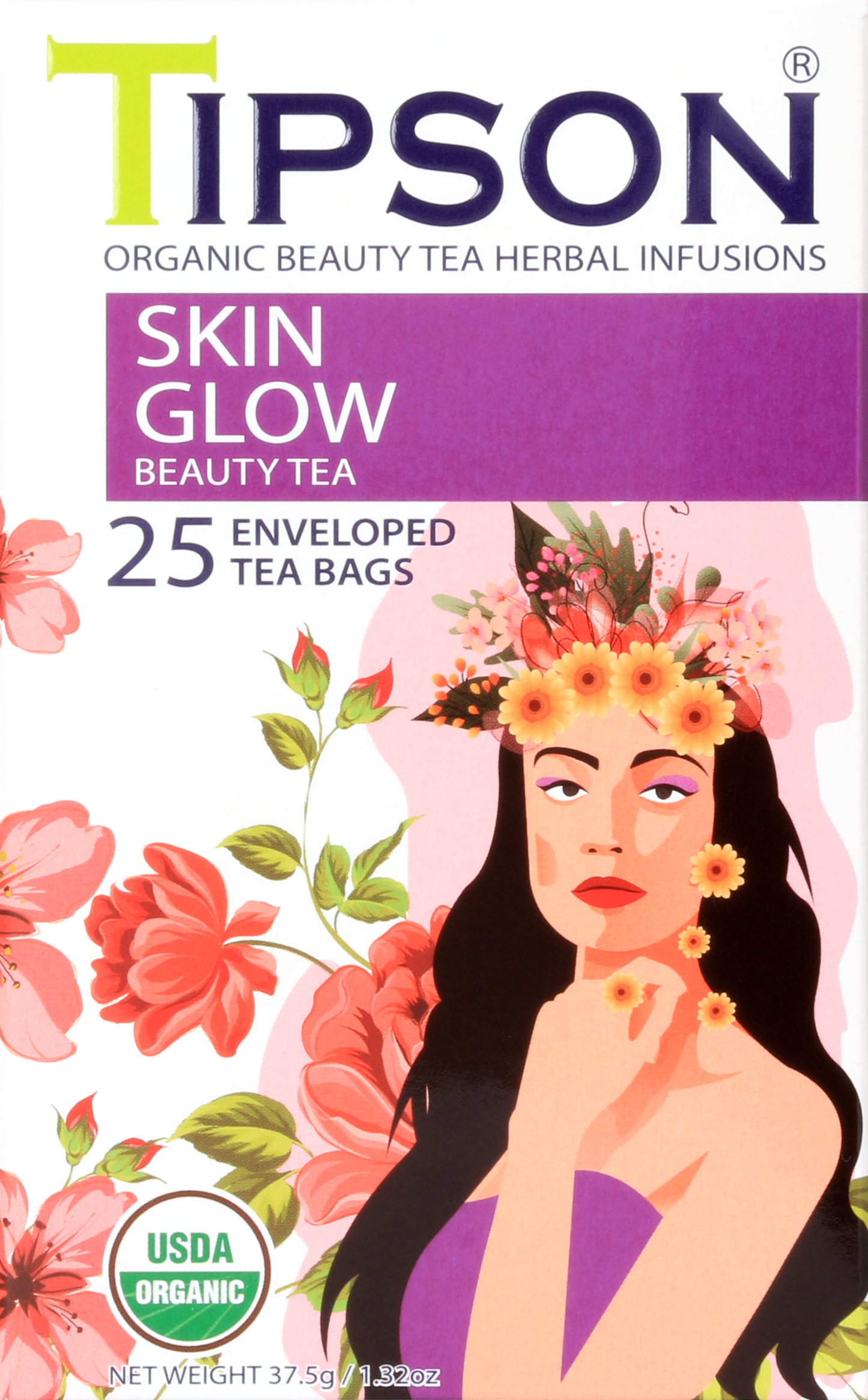 Front opakowania herbaty Tipson Skin Glow Beauty Tea z ilustracją kobiety i kwiatami.