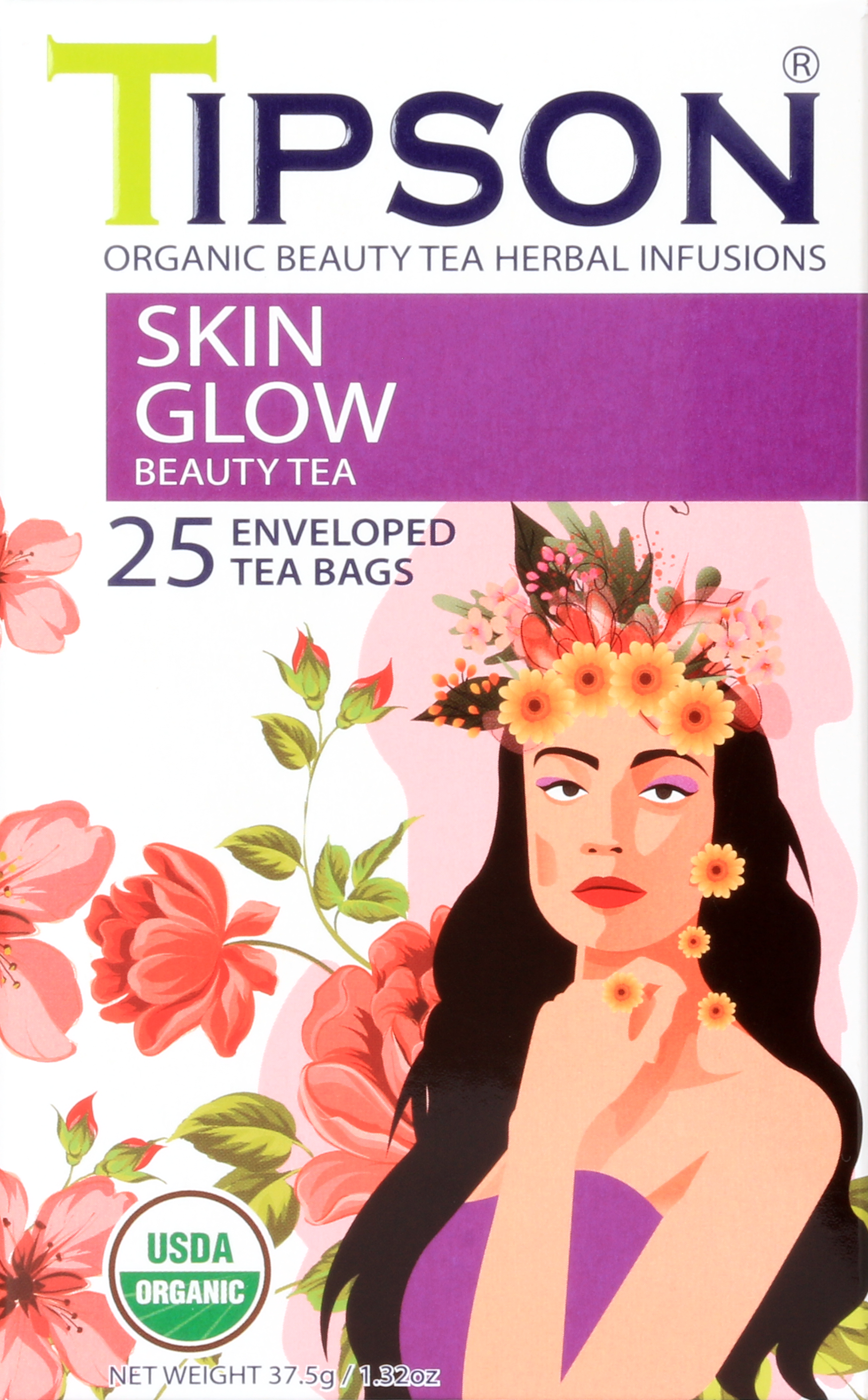 Front opakowania herbaty Tipson Skin Glow Beauty Tea z ilustracją kobiety i kwiatami.