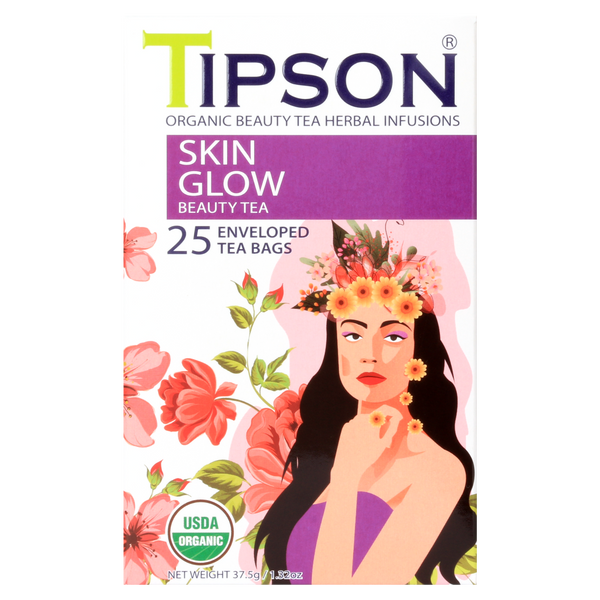Front opakowania herbaty Tipson Skin Glow Beauty Tea z ilustracją kobiety i kwiatami.