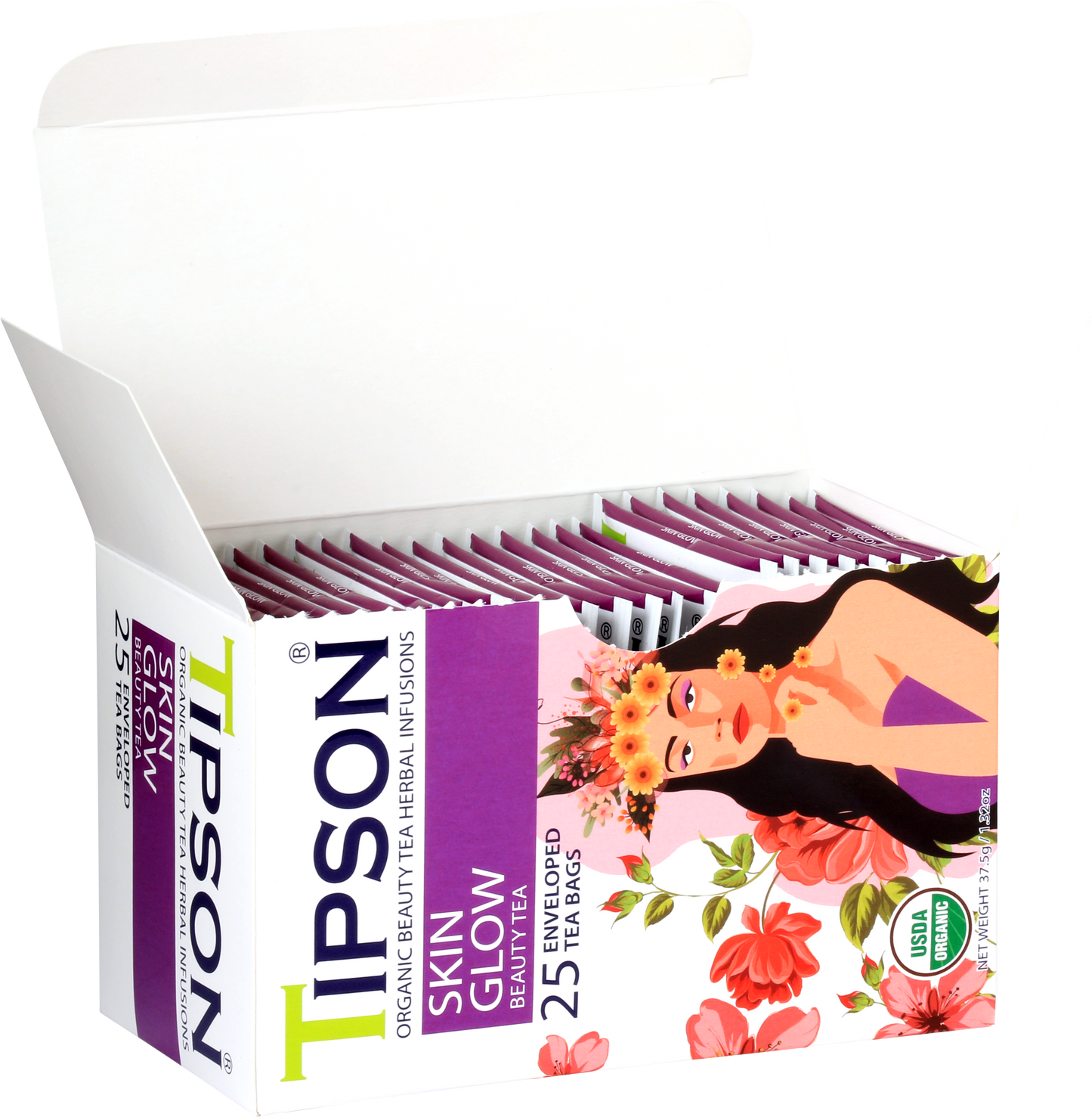 Otwarte pudełko herbaty Tipson Skin Glow Beauty Tea z widocznymi saszetkami.