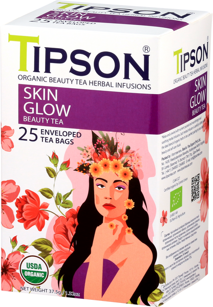 Boczny widok opakowania herbaty Tipson Skin Glow Beauty Tea z opisem produktu.