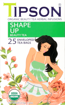 Front opakowania herbaty Tipson Shape Up Beauty Tea z ilustracją kobiety i kwiatami.