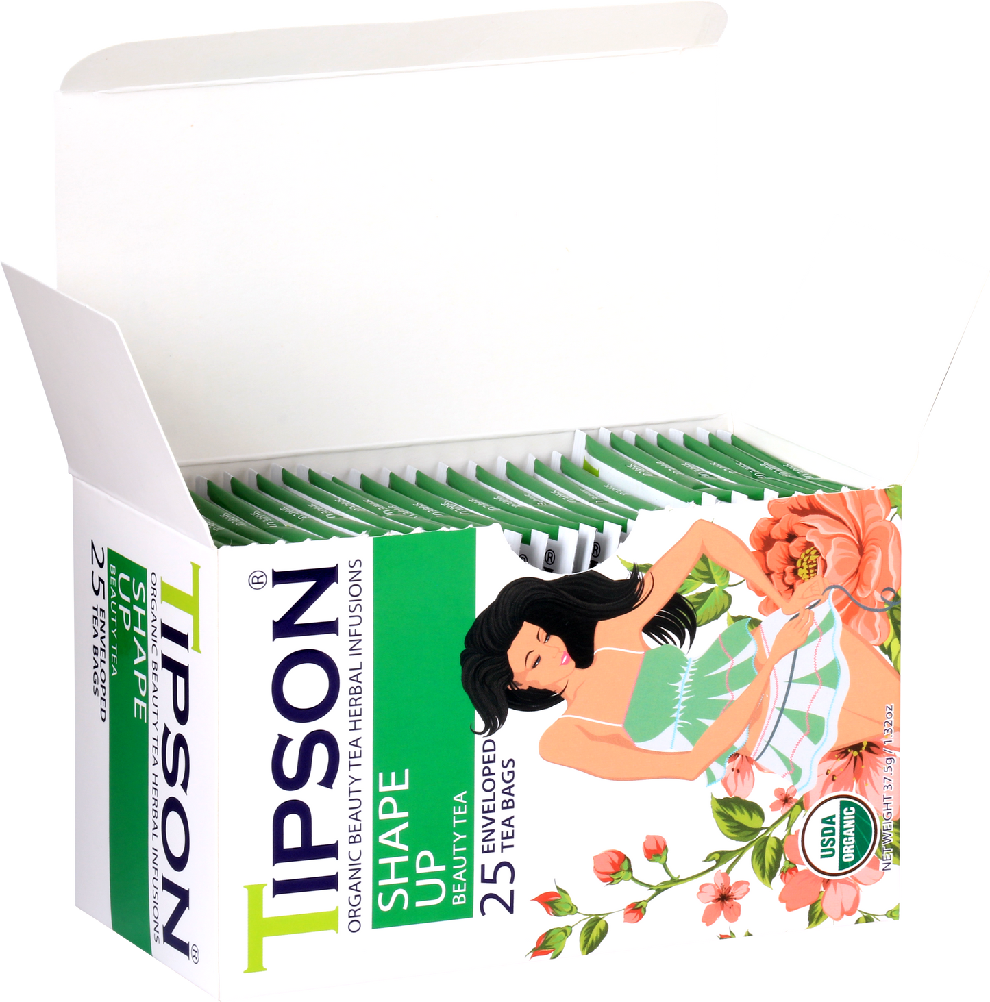 Otwarte pudełko herbaty Tipson Shape Up Beauty Tea z widocznymi saszetkami.