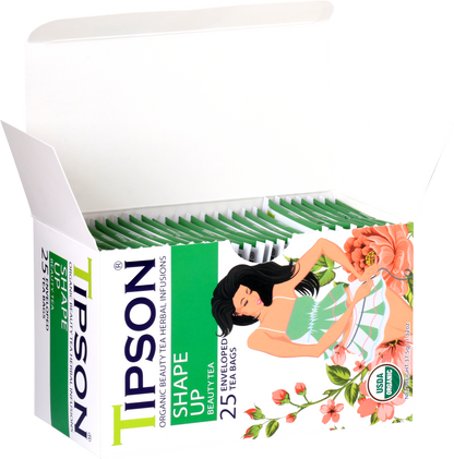 Otwarte pudełko herbaty Tipson Shape Up Beauty Tea z widocznymi saszetkami.