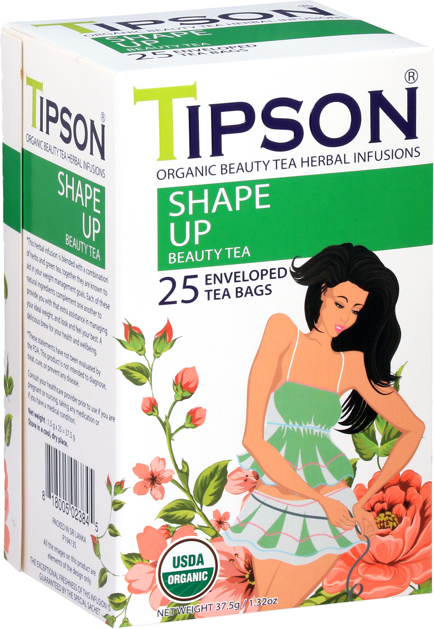 Przód pudełka herbaty Tipson Shape Up Beauty Tea z certyfikatem USDA Organic.