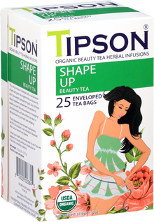 Przód pudełka herbaty Tipson Shape Up Beauty Tea z certyfikatem USDA Organic.