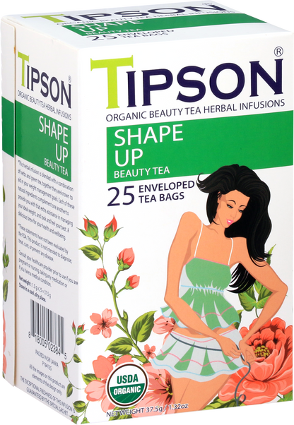 Przód pudełka herbaty Tipson Shape Up Beauty Tea z certyfikatem USDA Organic.