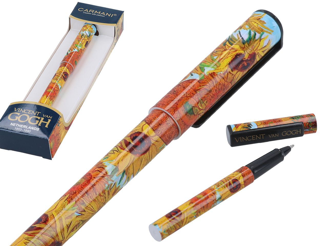 Zbliżenie na kolorowy wzór długopisu inspirowany obrazem Słoneczniki Van Gogha