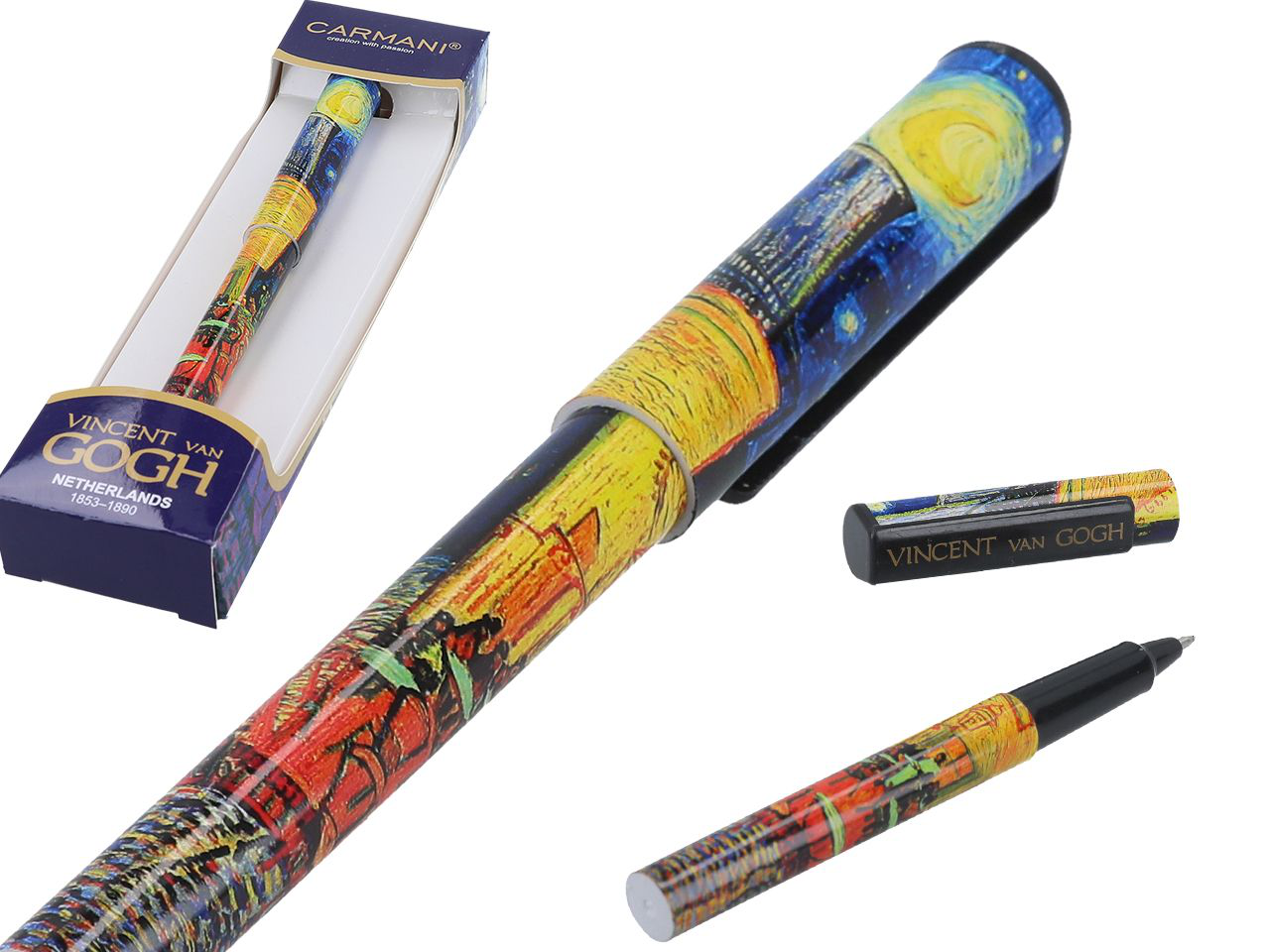 Zbliżenie na kolorowy wzór długopisu inspirowany obrazem Vincenta van Gogha
