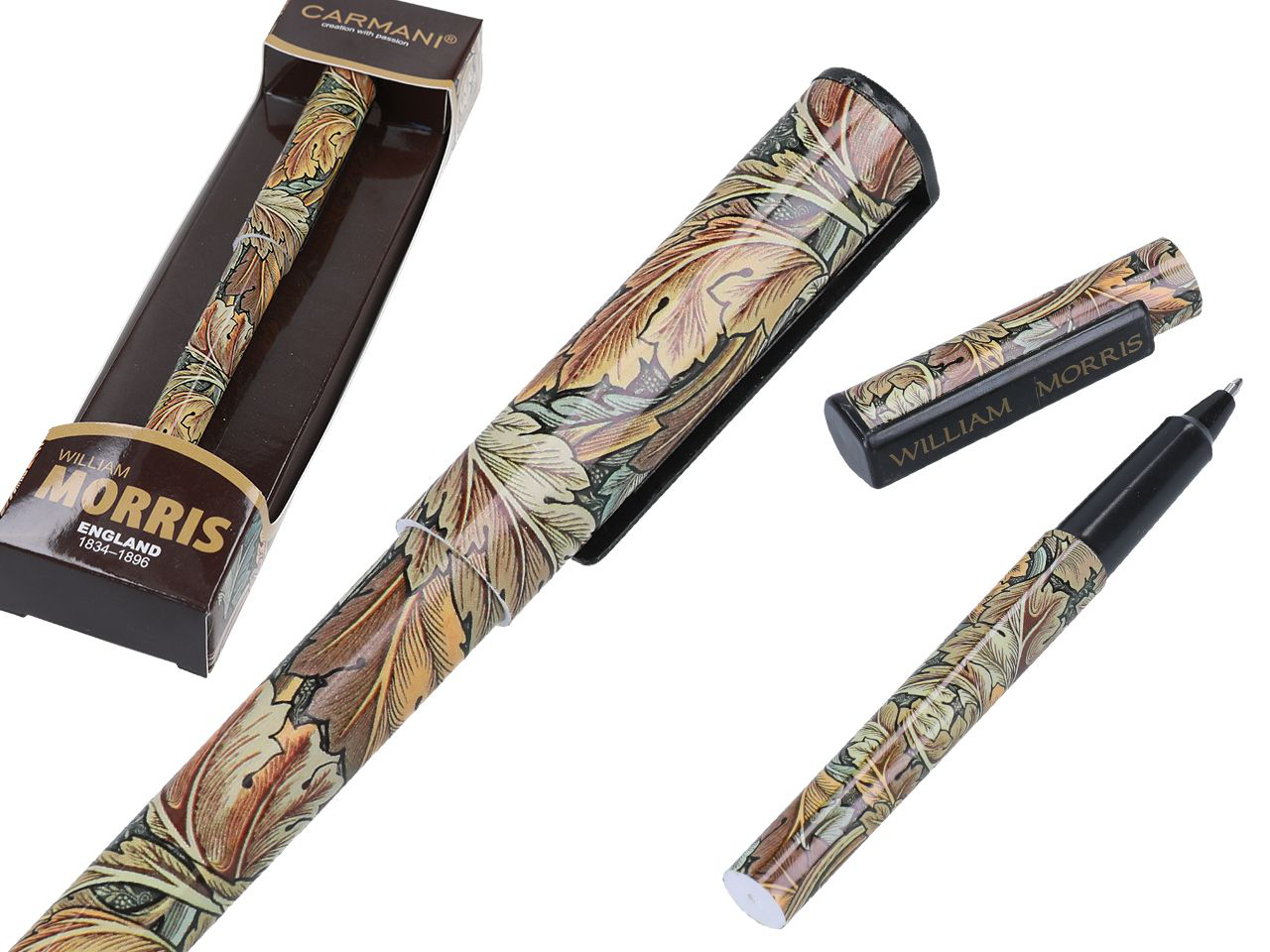 Zbliżenie na wzór liści zdobiący długopis William Morris Jesień