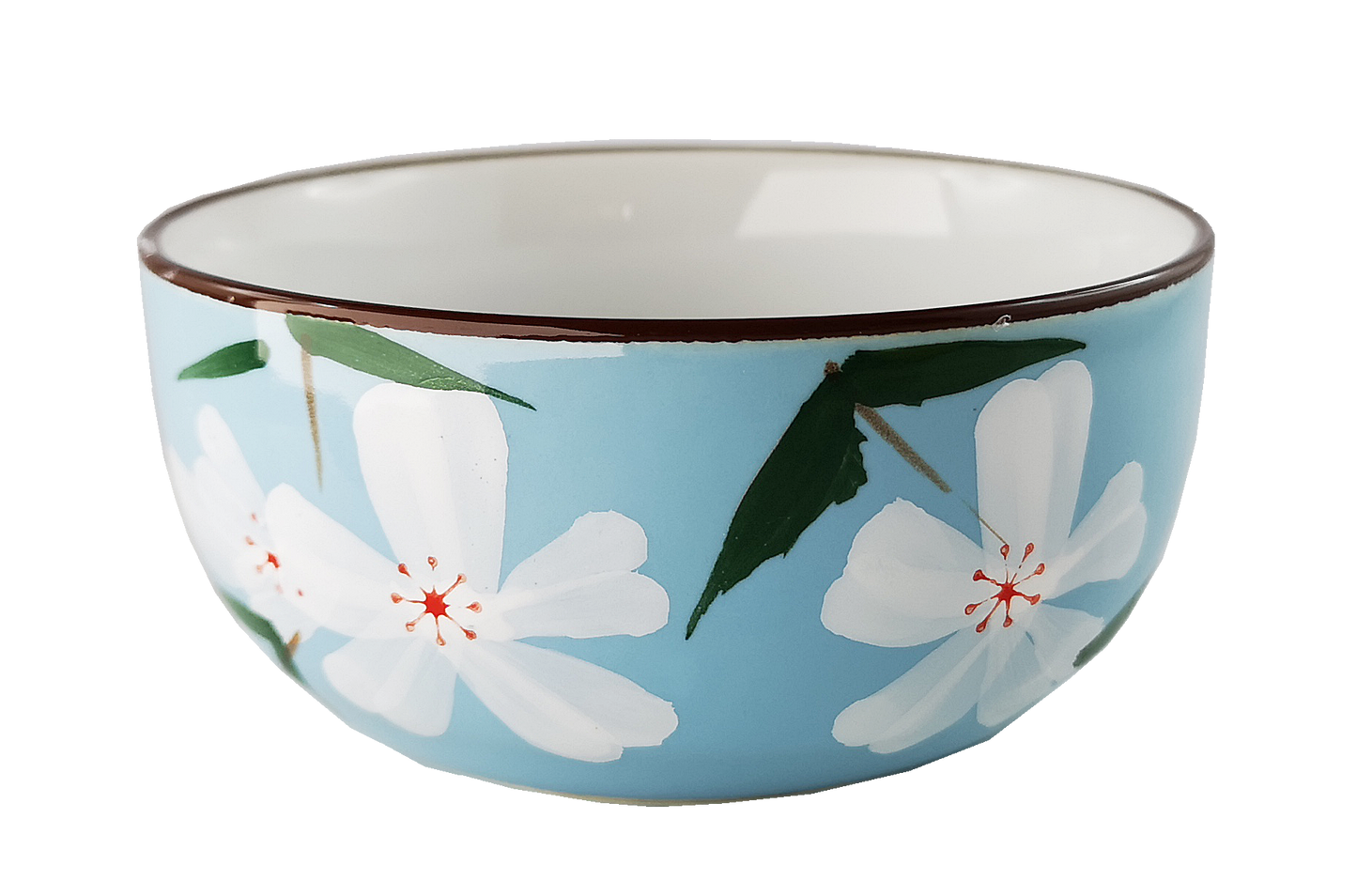 Ceramiczna czarka do herbaty w błękitnym kolorze, zdobiona białymi kwiatami i zielonymi liśćmi.