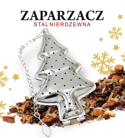 Świąteczny zaparzacz choinka Carmani ze stali nierdzewnej na tle suszu herbacianego
