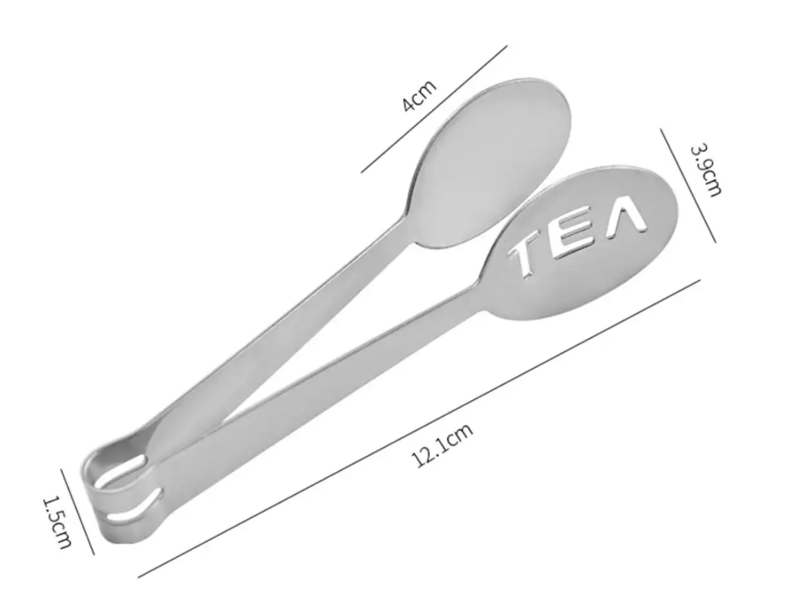 Metalowe szczypce do herbaty z wymiarami 12,1 cm długości – ilustracja techniczna.