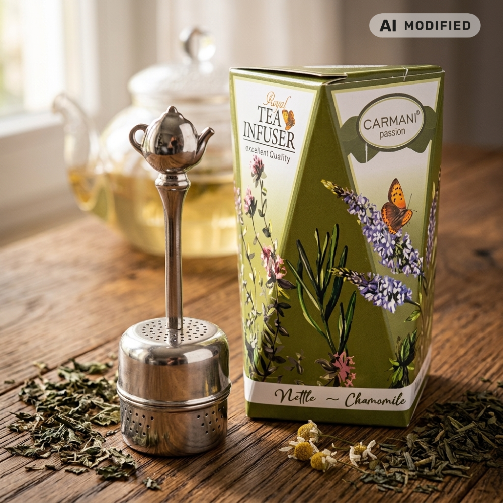 Metalowy zaparzacz do herbaty Carmani obok zielonego opakowania Royal Tea Infuser, z suszem ziołowym i dzbankiem w tle