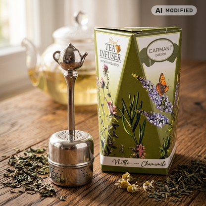 Metalowy zaparzacz do herbaty Carmani obok zielonego opakowania Royal Tea Infuser, z suszem ziołowym i dzbankiem w tle