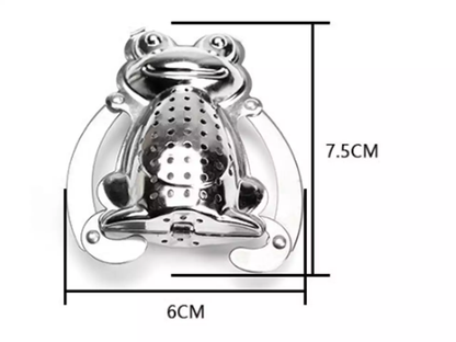 Metalowy zaparzacz do herbaty w kształcie srebrnej żaby z podanymi wymiarami