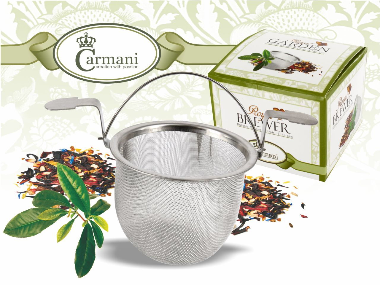 Zaparzacz koszyczek Carmani ze stali nierdzewnej obok opakowania i suszu herbacianego